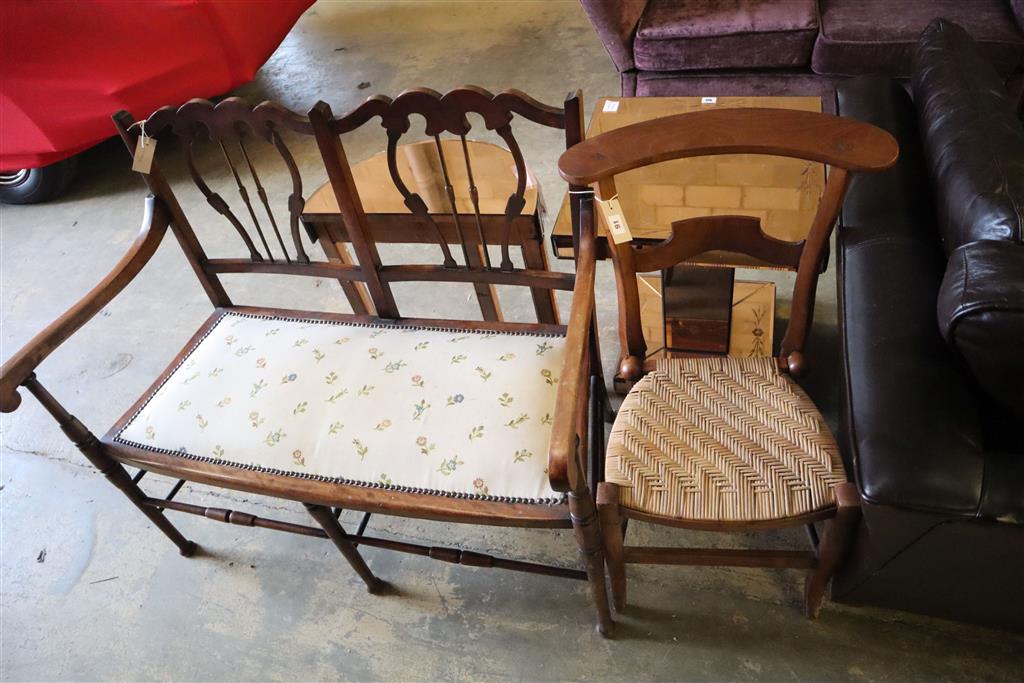 An Edwardian chair-back settee, width 103cm, together with a 19th century French prie-dieu chair